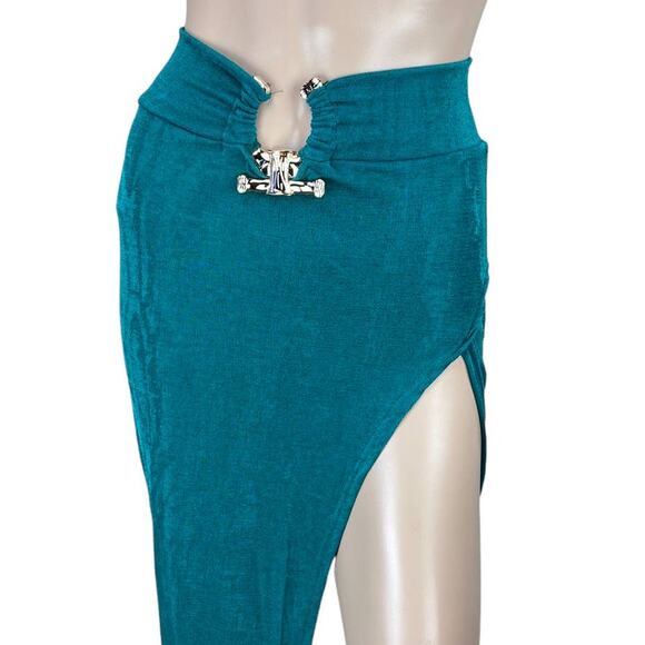 New Women's Emerald Green Split Side Stretchy Midi Skirt Size S - Picture 2 of 6
